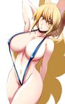  animal_ears arm_up blonde_hair breasts curvy dearmybrothers fox_ears fox_tail groin highres huge_breasts looking_at_viewer multiple_tails navel slingshot_swimsuit solo swimsuit tail touhou wide_hips yakumo_ran yellow_eyes 