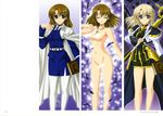  absurdres angry blonde_hair blue_eyes blush book breasts brown_hair closed_eyes feathers fingerless_gloves frown gloves hair_ribbon henshin higa_yukari highres jewelry lyrical_nanoha magic_circle mahou_senki_lyrical_nanoha_force medium_breasts military military_uniform necklace no_nipples nude official_art pantyhose pencil_skirt ribbon schwertkreuz short_hair side_slit skirt smile staff tome_of_the_night_sky transformation tsab_naval_military_uniform uniform unison vest white_legwear yagami_hayate 