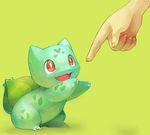  bulbasaur cute disembodied_hand fang finger fuchsia fuchsia_(artist) green_body hand hands nintendo open_mouth pointing pok&#233;mon pokemon red_eyes simple_background smile video_games 