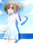  :d alternate_costume blush brown_hair collarbone dress hair_ribbon keita_(tundereyuina) looking_at_viewer open_mouth pink_eyes ribbon short_twintails silica smile solo sundress sword_art_online twintails 