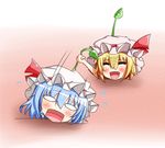  ^_^ blonde_hair blue_hair blush closed_eyes fang flandre_scarlet multiple_girls open_mouth pikmin_(series) remilia_scarlet short_hair smile sprout sprout_on_head touhou warabi_mochi_(ehimedaisuki) 