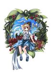  alice_margatroid alice_margatroid_(pc-98) animal apple basket bird blonde_hair blue_eyes blue_hairband cloud flower food fruit hair_ornament hairband leaf peach puffy_sleeves risutaru short_hair short_sleeves sitting smile solo touhou touhou_(pc-98) water 