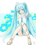  :d ahoge bad_id bad_pixiv_id floral_background flower hatsune_miku long_hair minazuki_itto morning_glory open_mouth outstretched_arm panties pantyshot sandals smile solo twintails underwear very_long_hair vocaloid 