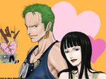  1girl 2boys black_hair blonde_hair couple earrings female goggles goggles_around_neck green_hair heart jewelry lipstick makeup male multiple_boys nico_robin one_piece roronoa_zoro sanji skypiea tank_top 