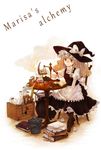  alchemy balance_scale blonde_hair book bow braid chair chemicals coal hat hat_bow kirisame_marisa long_hair ozawa paper round-bottom_flask ruler scroll side_braid single_braid sitting smile solo table test_tube touhou weighing_scale white_background witch_hat yellow_eyes 