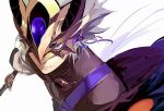  1boy blue_eyes closed_mouth fate/grand_order fate_(series) gao_changgong_(fate) gloves holding holding_sword holding_weapon horned_headwear looking_at_viewer male_focus mask pako short_hair simple_background smile solo sword weapon 