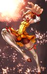  action arm_up bike_shorts boots bow bowtie brooch brown_shorts cure_sunny fire grey_background hair_bun hei_(heiyohei) highres hino_akane_(smile_precure!) jewelry jumping magical_girl open_mouth orange_(color) orange_eyes orange_hair orange_skirt perspective precure short_hair shorts shorts_under_skirt skirt smile_precure! solo thigh_boots thighhighs tiara white_legwear 