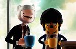  adventure_time afro animal_ears blood blood_stain carlos_villa coffee_mug cosplay crossover cup dog finn_the_human formal highres jake_the_dog jules_winnfield jules_winnfield_(cosplay) male_focus missing_teeth mug necktie open_mouth parody pulp_fiction smile suit vincent_vega vincent_vega_(cosplay) 