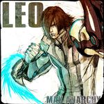  arm_blade bangs blade blue_eyes brown_hair character_name clenched_hand copyright_name cyborg energy_blade fighting_stance foreshortening gloves glowing hair_over_one_eye leonhardt_victorion looking_at_viewer male_focus max_anarchy official_art parted_lips sketch solo unzipped upper_body weapon yoshimura_ken'ichirou 