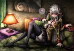  1girl bed breasts cleavage female gray_hair grey_hair highres insect_girl lamp looking_at_viewer monster monster_girl multi_limb multiple_arms multiple_eyes original ray-k red_eyes skirt smile snake solo stitches 