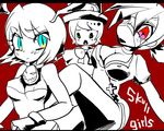  ... 3girls age_difference animal_ears blue_eyes breasts child cleavage copyright_name green_eyes large_breasts letterboxed midriff monochrome ms._fortune_(skullgirls) multiple_girls nadia_fortune nurse open_mouth peacock_(skullgirls) red_eyes sakyouni skullgirls spot_color symbol-shaped_pupils title_drop transparent transparent_background valentine_(skullgirls) 