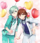  2boys balloon blazer blue_eyes blue_hair blush brown_eyes brown_hair grin hand_on_hip hips holding hug kotobuki_reiji looking_at_viewer male_focus mikaze_ai multiple_boys open_mouth ponytail puico ribbon short_hair smile solo uta_no_prince-sama v wink 