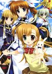  :x absurdres blonde_hair blue_eyes blush blush_stickers boots bow bowtie brown_hair bunny cape coat einhart_stratos fate_testarossa fingerless_gloves fujima_takuya gloves green_eyes green_hair hair_bow highres jacket long_hair low-tied_long_hair lyrical_nanoha magazine_(weapon) magical_girl mahou_shoujo_lyrical_nanoha_vivid multiple_girls open_clothes open_jacket purple_eyes raising_heart red_eyes sacred_heart scan school_uniform side_ponytail skirt smile st._hilde_academy_of_magic_uniform staff takamachi_nanoha thighhighs two_side_up vivio 