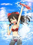  armpits bikini black_hair bow breasts cato_(monocatienus) cleavage clenched_hand closed_eyes cloud collarbone day fang hair_bow hair_tubes hakurei_reimu highres lobster medium_breasts navel open_mouth red_bikini side-tie_bikini sky solo splashing swimsuit touhou wading water 