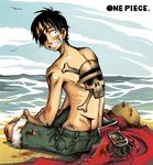  1boy back barefoot blood copyright_name epaulettes eyepatch hat indian_style injury jacket jolly_roger male_focus monkey_d_luffy ocean one_piece outdoors over_shoulders pirate red_jacket scar sitting smile straw_hat tattoo teeth title_drop topless 