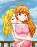  blonde_hair blossom_(ppg) bubbles_(ppg) dress eyes_closed hairband hug hug_from_behind incest long_hair neck_kiss pink_eyes powerpuff_girls pregnant rainbow red_hair smile twintails xenokurisu 