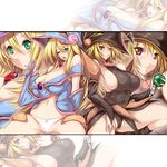  2girls bare_shoulders black_panties blonde_hair breasts cameltoe dark_magician_girl detached_sleeves duel_monster female gagaga_girl green_eyes hat jewelry large_breasts long_hair mound_of_venus multiple_girls navel necklace panties plump red_eyes sideboob smile spread_legs thighs tsukasawa_takamatsu tsukazawa underwear white_panties wink yu-gi-oh! yuu-gi-ou_duel_monsters yuu-gi-ou_zexal 