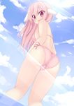  ass bad_id bad_pixiv_id bikini blush chimunge cloud day highres long_hair looking_back ocean open_mouth original pink_eyes pink_hair shiny shiny_skin sky smile solo swimsuit thigh_gap wading water 