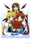  :d absurdres blonde_hair blue_eyes bouquet brown_hair cape fate_testarossa fingerless_gloves flower gloves hair_ribbon higa_yukari highres interlocked_fingers long_hair lyrical_nanoha magical_girl mahou_senki_lyrical_nanoha_force multiple_girls official_art one_eye_closed open_mouth ponytail purple_eyes red_eyes ribbon rose short_hair side_ponytail smile takamachi_nanoha upper_body wings yagami_hayate 