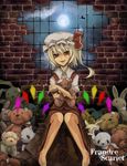  blonde_hair broken_wall crystal fang fangs flandre_scarlet full_moon hat hat_ribbon indoors moon night open_mouth puffy_sleeves red_eyes ribbon short_hair short_sleeves side_ponytail sitting smile solo stuffed_animal stuffed_toy teddy_bear touhou tsuizi wings 
