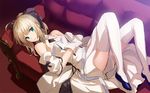  ahoge artoria_pendragon_(all) bare_shoulders blonde_hair bow couch detached_collar detached_sleeves dress fate/stay_night fate/unlimited_codes fate_(series) gloves green_eyes hair_bow light_smile lying on_back ponytail saber saber_lily saitou_masatsugu shoes short_hair sketch solo thighhighs white_gloves white_legwear 
