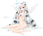  angel_wings barefoot bottomless bow bra breasts cleavage hair_bow juna leg_garter long_hair medium_breasts navel no_panties original red_eyes sitting solo underwear very_long_hair white_hair wings yokozuwari 