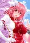  bandages blush cherry_blossoms chinese_clothes cloud cuffs day double_bun flower ibaraki_kasen open_mouth petals pink_hair puffy_sleeves red_eyes resized shackles short_hair short_sleeves sky solo touhou watarui 
