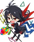  asymmetrical_wings black_hair black_legwear blue_wings blush_stickers chibi fang houjuu_nue kingin polearm red_eyes red_wings snake solo thighhighs touhou trident ufo weapon white_background wings zettai_ryouiki 