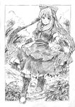  arm_ribbon boots bow cross-laced_footwear frills front_ponytail greyscale hair_bow hair_ornament hair_ribbon kagiyama_hina leaf long_hair monochrome ribbon short_sleeves skirt_hold smile solo standing touhou vent_arbre 