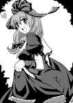  arm_ribbon bow front_ponytail greyscale hair_bow hair_ornament hair_ribbon happy heart kagiyama_hina long_hair monochrome open_mouth ribbon short_sleeves skirt_hold smile solo standing touhou yonpachi 