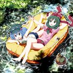 :d alternate_costume arm_behind_head barefoot blue_hair bow buruma casual contemporary feet front_ponytail green_eyes green_hair hair_bobbles hair_bow hair_ornament hand_behind_head hat highres kagiyama_hina kawashiro_nitori long_hair looking_at_viewer lying multiple_girls on_back on_stomach open_mouth outstretched_arm raft ruu_(tksymkw) smile touhou two_side_up water waving 