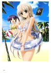  :d absurdres ball beach beachball bible_of_silver_cross bikini blue_eyes blue_innertube blush book bracelet breasts brown_hair cleavage cross flat_chest higa_yukari highres innertube isis_eaglet jewelry lily_strosek long_hair lyrical_nanoha mahou_senki_lyrical_nanoha_force mahou_shoujo_lyrical_nanoha multiple_girls ocean official_art open_mouth palm_tree purple_hair scan short_hair side-tie_bikini smile swimsuit tree v very_long_hair yellow_eyes 