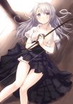  blush bow_(weapon) breasts hiraga_matsuri holding long_hair looking_at_viewer lying medium_breasts on_back open_clothes original ribbon silver_eyes silver_hair solo weapon 