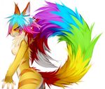  blue_markings breasts female fur green_markings hair long_tail markings pink_hair plain_background purple_markings rainbow red_eyes red_markings solo stripes tofu93 unknown_species yellow_fur 