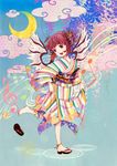  alternate_costume alternate_hairstyle asa_no_ha_(pattern) barefoot bird_wings cloud crescent hair_ornament japanese_clothes long_sleeves mystia_lorelei open_mouth ozawa red_eyes red_hair ripples shoes short_hair single_shoe solo touhou unmoving_pattern wide_sleeves wings 