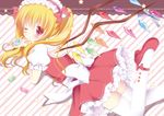  alternate_hairstyle blonde_hair blush crystal flandre_scarlet one_eye_closed puffy_sleeves red_eyes shibainu_niki short_hair short_sleeves solo star thighhighs touhou twintails white_legwear wings 