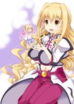  belt blonde_hair buckle crop_top long_hair lyrical_nanoha mahou_shoujo_lyrical_nanoha mahou_shoujo_lyrical_nanoha_a's mahou_shoujo_lyrical_nanoha_a's_portable:_the_gears_of_destiny midriff navel open_mouth pants puffy_sleeves sch skirt smile u-d very_long_hair wide_sleeves yellow_eyes 