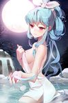  bad_id bad_pixiv_id bare_shoulders blue_hair blush bow breasts cleavage full_moon gilse hair_ribbon highres holding large_breasts linus_falco long_hair moon night onsen open_mouth outdoors outstretched_arm parted_lips partially_submerged ponytail red_eyes ribbon sideboob sitting smile solo star sword_girls towel very_long_hair water wavy_hair wet 