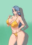  1girl bikini blue_hair bra bra_lift breasts brown_eyes demon_girl female highres horn huge_breasts long_hair mound_of_venus navel obmas_(pfeito) open_mouth pfeito pointy_ears simple_background solo standing swimsuit thighs underwear yellow_bikini 