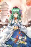  absurdres adapted_costume architecture blush detached_sleeves east_asian_architecture flower ggael green_eyes green_hair hair_ornament hair_tubes highres kochiya_sanae lantern long_hair snake_hair_ornament solo standing touhou wide_sleeves 