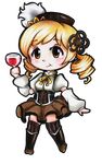  :t absurdres alcohol blonde_hair chibi curly_hair detached_sleeves full_body glass hair_ornament hat highres mahou_shoujo_madoka_magica puffy_sleeves short_hair skirt solo tamiczan thighhighs tomoe_mami traditional_media transparent_background wine yellow_eyes 