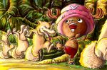  animal dancing forest hat nature no_humans one_piece outdoors reindeer shorts skypeia skypiea smile tony_tony_chopper tree wolf x_(symbol) 