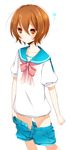  akane_(goma) bad_id bad_pixiv_id blush brown_hair goma_(11zihisin) highres male_focus necktie open_mouth original otoko_no_ko ribbon sailor shorts simple_background solo standing undressing white_background yellow_eyes 