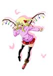  alternate_costume black_legwear blonde_hair blush cross-laced_footwear crystal flandre_scarlet long_sleeves naodx open_mouth red_eyes side_ponytail slit_pupils solo thighhighs touhou wings 