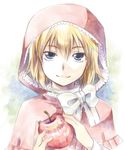  :3 apple axis_powers_hetalia belgium_(hetalia) blonde_hair blue_eyes cosplay costume food fruit g-tea hood little_red_riding_hood little_red_riding_hood_(grimm) little_red_riding_hood_(grimm)_(cosplay) ribbon short_hair solo traditional_media upper_body white_ribbon 