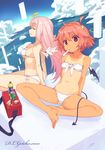  ahoge angel angel_and_devil bad_id bad_pixiv_id bandeau barefoot bikini bottle breasts can closed_eyes cloud day demon_girl demon_tail demon_wings flat_chest food front-tie_top halo horns large_breasts long_hair looking_at_viewer mouth_hold multiple_girls navel original pink_hair pointy_ears popsicle red_eyes red_hair short_hair side-tie_bikini sitting sky soda_can strap_gap sumaki_shungo swimsuit tail tan tanline white_swimsuit wings 