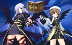  amicis black_wings blue_eyes book brown_hair facial_mark fingerless_gloves gloves hat head_wings long_hair lyrical_nanoha mahou_shoujo_lyrical_nanoha mahou_shoujo_lyrical_nanoha_a's multiple_girls multiple_wings red_eyes reinforce schwertkreuz short_hair silver_hair single_thighhigh skirt smile staff thigh_strap thighhighs tome_of_the_night_sky wings yagami_hayate yami_no_sho 