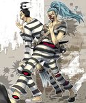  2boys blue_hair buggy_the_clown detached disembodied_limb dismembered facial_mark facial_markings galdino glasses impel_down key knife male male_focus multipel_boys multiple_boys one_piece pants ponytail prison_clothes prisoner shirt striped striped_pants striped_shirt sword walking wax weapon 