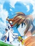  blue_eyes bow brown_hair cloud day dual_persona hair_ribbon highres kirin_the_himemiya lyrical_nanoha magical_girl mahou_shoujo_lyrical_nanoha puffy_sleeves raising_heart ribbon short_twintails sky solo takamachi_nanoha twintails 