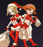  aika_(eternal_arcadia) bad_id bad_pixiv_id bell blonde_hair bow braid capelet earrings elbow_gloves eternal_arcadia facial_mark fina_(eternal_arcadia) gloves green_eyes hat high_heels holding_hands jewelry kyotuka multiple_girls navel one_eye_closed open_mouth orange_hair sack santa_costume santa_hat shoes shorts simple_background thighhighs twin_braids 